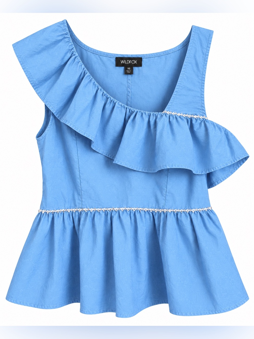 🆕 Wildfox Laurent Top Ruffle Shoulder in Silver Lake Blue Crystal Bead Peplum